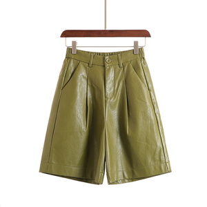 Stylish <b>Women</b> Leather Shorts with Rolled Hem and Pleated Design for Chic Summer and Fall Fashion - Product Image 1