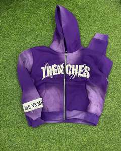 Sudadera con Capucha para Hombre, Estilo Vintage, Personalizada por el Fabricante, de Felpa Francesa, Corta, con Estampado Puff, Cierre de Cremallera, Lavado Ácido Desgastado, con Gráficos de Pedrería - Product Image 5