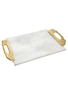 <b>Round</b> Shape Indian Marble Serving <b>Tray</b> with Metal Handle Wholesale New Design Handmade Marble and Metal <b>Table</b> Serving <b>Tray</b> - Product Image 3