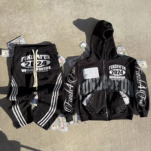 Custom Rhinestone <b>Graphic</b> Print 2 Piece Tracksuit for Men Customize Color Flared Sweatpants <b>Zip</b>-<b>Up</b> <b>Hoodie</b> and Jogger Set For Men - Product Image 4