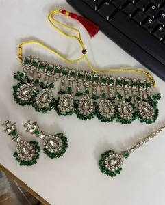 Antique Gold Plated Indian Design Ethnic Cubic Zircon Crystal Dangle Drop <b>Choker</b> Wedding Party Necklace Earring Jewelry Set for - Product Image 6