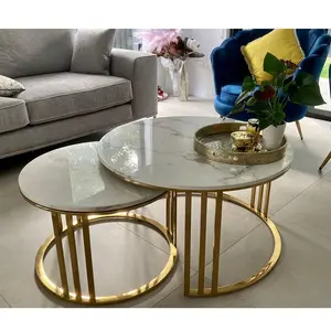 Italian Stainless Steel Glass Coffee Table Metallic Living Room Furniture Nested Luxury Round Clear Glass Top Coffee Table