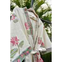 Bata de Baño Casual Rosa de Algodón 100% Suave y Transpirable con Estampado de Loto y Cuello en V para Mujer Bohomin, Manga Larga, Estampado a Mano, Conjunto de Bata