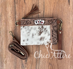 Petit sac à main en cuir de vachette véritable pour femmes Western Wristlet Zipper Floral Design Nylon Mini bandoulière imprimé fleurs - Product Image 1