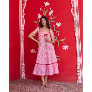 Vestido de Verano Rosa con Estampado de Cuadros, Cuello Cuadrado, Elegante, Casual, Largo hasta el Suelo, Diseño Transpirable con Mangas Abullonadas, para Cualquier Temporada, Talla XS, 2 Piezas - Product Image 5