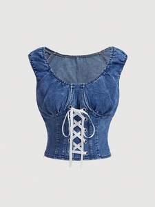 Corset Denim Top Mode Agrafe Décontracté Chic Moderne Slim-Fit Vintage Charme Lavage Léger Intemporel Structuré - Product Image 4