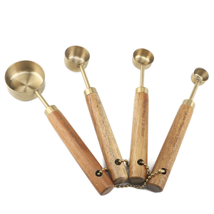 Vintage Gold Wooden Handle <b>Measuring</b> Cup and <b>Spoons</b> Set of 4 Kitchen Baking Tool Gold Cafe Scoop - Product Image 6