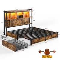 Cadre de lit avec tête de lit haute et 4 tiroirs, mobilier de chambre en bois massif et fer forgé, cadre de lit robuste et épaissi 1,5m 1,8m 2m T05