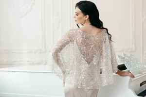 White High Fashion Preppy Style Beaded <b>Cape</b> Unique Handmade Party Wrap for <b>Women</b> and Adults ODM Club Wear - Product Image 2