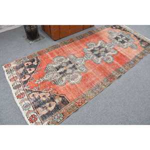 Turkish Rug 3.7x8.2 ft Vintage Traditional Eco Friendly <b>Red</b> Blue Patchwork <b>Wool</b> Rug with Latex Backing - Product Image 2