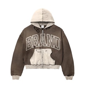 Sweat à capuche zippé personnalisé de haute qualité pour l'hiver, style streetwear, écologique, vintage, double couche, délavé à l'acide, effet soleil, usé, avec poches - Product Image 1