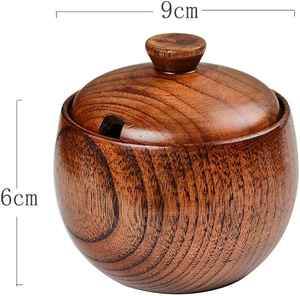 Salero Redondo de Madera de Azufaifo, Azucarero con Tapa y Cuchara, Tarro de Condimento Natural, Contenedor de Almacenamiento de Especias para Mesa de Cocina, Artesanía Hecha a Mano - Product Image 6