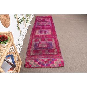 Vintage Rug, 2.8x10 ft <b>Runner</b> Turkish Rug, Herki <b>Red</b> Purple Check Rug - Product Image 1