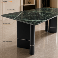 Table à manger rectangulaire moderne de luxe en marbre vert avec base noire, 8 places, pour hôtel, villa, restaurant, salles à manger