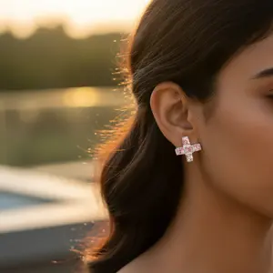 Boucles d'oreilles créoles en argent 925 pour femmes, jolies boucles d'oreilles à clous en pierre précieuse rose avec sertissage en bélière pour fiançailles, mariage, anniversaire, fête - Product Image 2