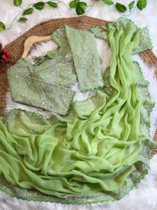 Colección de alta calidad Faux Georgette Saree & Blouse Secuencia Bordado Trabajo Fabricación de Surat al precio más bajo para la venta - Product Image 4