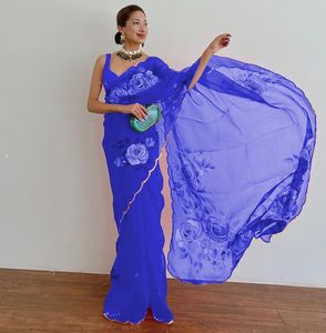 Tela de organza pura con lentejuelas de flores impresas a mano, tejido de bordar de trabajo pesado hecho a mano, con Tikki - Product Image 2