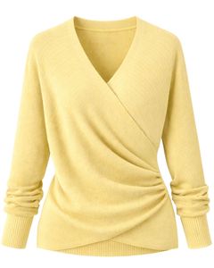 Women Yellow Wrap Style Knit Sweater Long Sleeve V Neck Soft Casual <b>Winter</b> <b>Top</b> Elegant Ladies Fashion Pullover For Daily Wear - Product Image 1