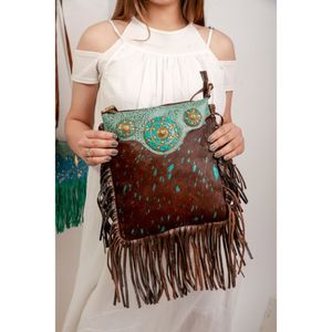 High Quality <b>Boho</b> Vintage Women's Western-Style Turquoise Stone Leather Shoulder <b>Bag</b> Single Strap Embroidery Fringe New Hide Fur - Product Image 5
