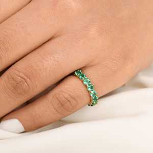 Anillos de joyería fina, anillos de eternidad de lujo de oro amarillo de 14K, corte ovalado, joyería de piedras preciosas de Esmeralda verde Natural, anillos de boda al por mayor - Product Image 4