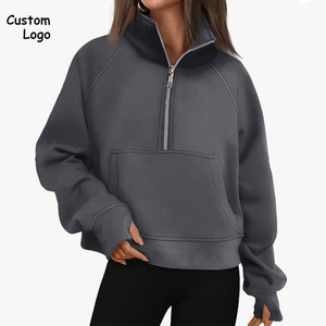 Sweat-shirt à capuche court à demi-zip pour femme, chaud, manches longues, logo sur le devant, pour l'hiver - Product Image 2