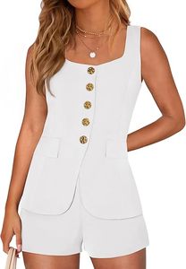 Women White Sleeveless Blazer Top With Shorts <b>Set</b> <b>Square</b> Collar Button Front Casual Spring Summer Solid Color 2 Piece Outfit - Product Image 2