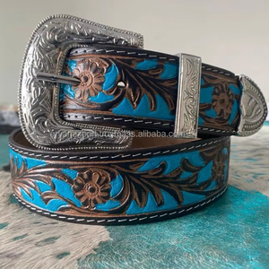 เข็มขัดหนังแท้ทำด้วยมือเข็มขัดหนังสไตล์ตะวันตกเข็มขัดสีเทอร์ควอยซ์สำหรับทุกเพศอินเดีย - Product Image 3