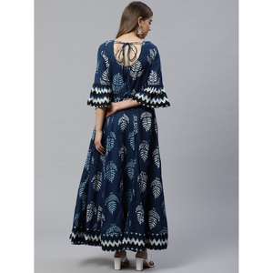 Anarkali Kurta estampado azul y blanco Tiene un cuello redondo mangas tres cuartos acampanado 100% algodón traje étnico indio - Product Image 2