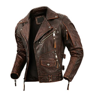 Veste de moto en cuir naturel pour hommes Veste de motard en cuir de vachette couche supérieure Veste de moto rétro en cuir blanchi à la pierre Veste en cuir de grande taille - Product Image 4