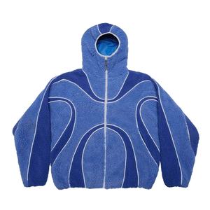 Superbe veste polaire à capuche pour homme, motif géométrique color-block noir, style streetwear, chaude pour l'hiver, décontractée, en laine d'agneau, avec protection faciale - Product Image 1