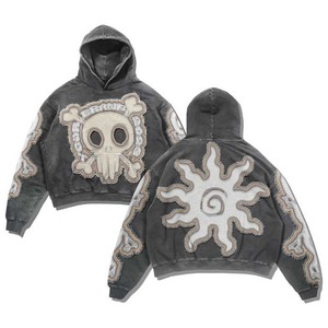 Nueva llegada Logotipo de diseño personalizado moda Hip Hop Vintage piedra lavada Chenille Distress apliques bordado Crop Hoodie - Product Image 3