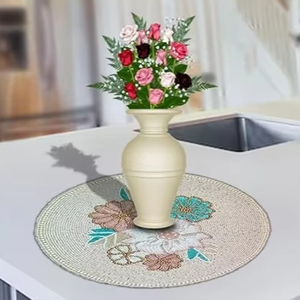 Handcrafted Cream <b>Blue</b> Pink Beaded Round Placemat for Dining <b>Table</b> for Wedding & Christmas Decorations Family Gatherings - Product Image 1