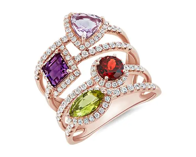 Великолепные красочные ювелирные изделия из драгоценных камней 14k сплошное розовое золото четыре камня искусственное сложение кольцо