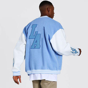 Custom Blue White Stand Collar Front Embroidered Logo <b>Slim</b> <b>Fit</b> <b>Men's</b> Varsity <b>Jacket</b> Button-Up Baseball Style Winter Warm - Product Image 6