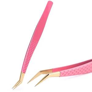 Pinces à épiler professionnelles en forme de L pour extensions de cils 3D, revêtement en poudre rose, outils incurvés pour l'application de volume - Product Image 2
