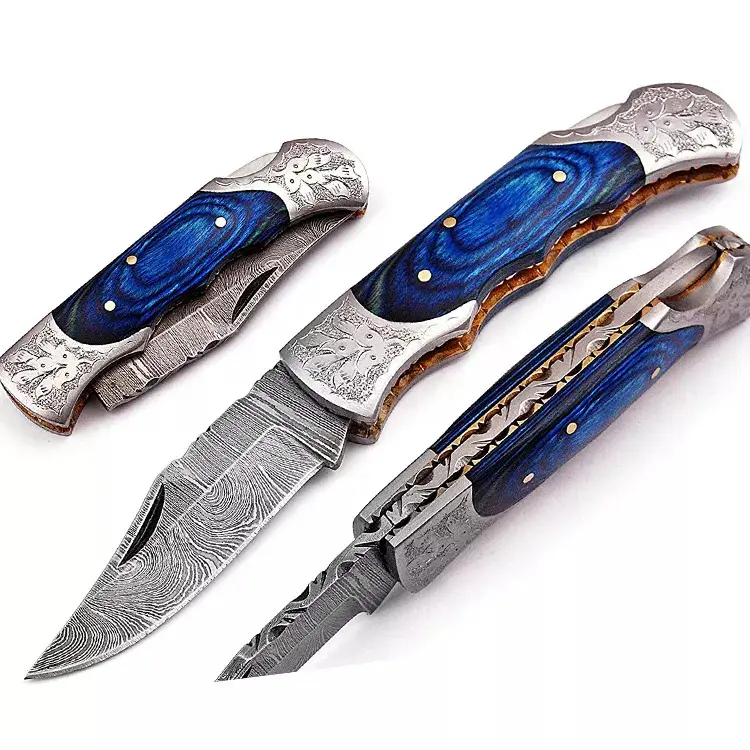 Outdoor New Camping Damascus Steel Blade Folding Knife Pocket Knife Blue Wood Handle with Leather Pouch