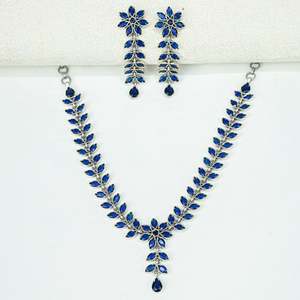 Ayushi Delicate Blue Flower Silver Necklace <b>Set</b> with Earrings for Party Occasions - Product Image 1