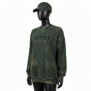 <b>Women</b> Sun Fade Sweatshirt Cotton <b>Fleece</b> Vintage <b>Green</b> Crystal Heat Transfer Custom Logo Acid Wash <b>Women</b> breathable Sweatshirts - Product Image 4