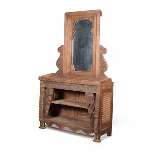 Mesa de tocador rústica de madera tallada a mano con espejo de pie, estilo de diseño - Product Image 1