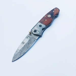 Wholesale Full Damascus Steel Inner Lock Folding Knife DIY Grade OEM Customizable Wood Leather Sheath for Outdoor Pocket Use - Product Image 2
