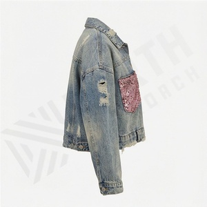 Chaqueta Universitaria de Mezclilla de Punto Informal Desgastada de Alta Calidad para Mujer, Rellena de Algodón, Forrada de Viscosa, Otoño Invierno, Venta al por Mayor - Product Image 3