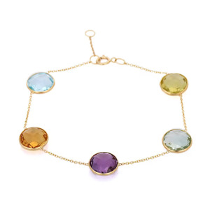 Handmade 18K Solid Yellow <b>Gold</b> Link Chain <b>Adjustable</b> Natural Semi-Precious Multi-Gemstone <b>Bracelet</b> Fine Jewelry for Gift - Product Image 1