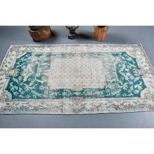 พรมเตอร์ตุรกี7.2ft วินเทจแบบดั้งเดิมสีเขียวเย็บปะติดปะต่อกันสีขาวแผ่นเรียบลาเท็กซ์ขนสัตว์สำหรับตกแต่งห้องนั่งเล่นวัยรุ่น - Product Image 3