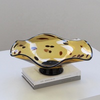 Bol à fruits moderne en verre soufflé bouche Bixuan Honey Amber Leopard Spot, grand plateau à pied avec bord ondulé, décoration de table