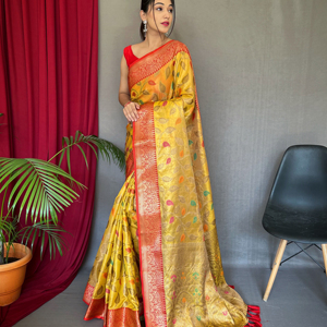 PURE <b>TISSUE</b> SILK SAREE WITH ZARI WEAVING and MEENA WORK WITH RUNNING BLOUSE and ELEGANT JAAL on the BODY. - Product Image 1