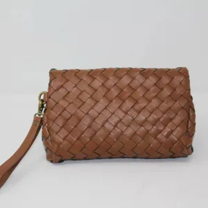 2024 bolso de mano de cuero puro trenzado a mano marrón para mujer, bolso de mano informal de Color sólido de gran capacidad portátil para chicas - Product Image 1