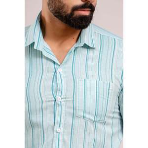 Chemise décontractée en coton à manches longues pour homme, imprimé rayé bleu turquoise, tissu popeline tissé, taille XL - pour l'automne - Product Image 5