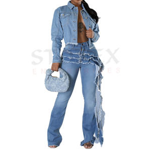 Wholesale Price Autumn New Arrivals <b>Crop</b> Jacket and <b>Jeans</b> Denim Cotton Sets Streetwear <b>Women</b> Two Piece Set - Product Image 1