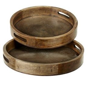 Modern Design Unique Wooden Round Serving Tray for Home <b>Hotels</b> Party <b>Supplies</b> for Dining top Dish Trays With Metal Handles - Product Image 5