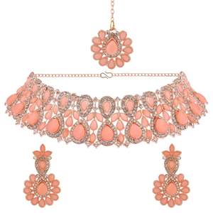 Vente en gros de parures indiennes pour femmes, collier ras du cou en cristal, boucles d'oreilles, ensemble Mang Tikka, pêche - Product Image 1